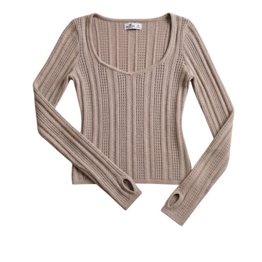 Hollister Pointelle Cable Knit Scoop Neck sweater‎ - Taupe - Size M